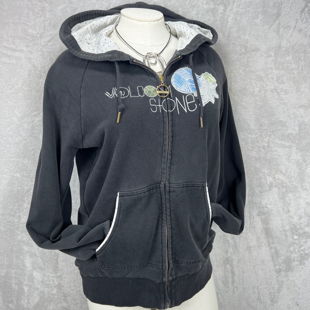 Volcom Stone Y2K Zip Hoodie Black Womens Large Grunge Skate 2000s